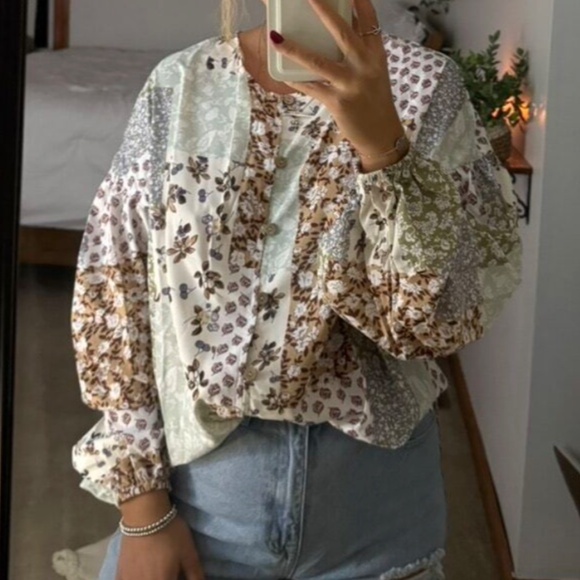 Boho Floral Print Button Down oversized Blouse - Picture 1 of 7
